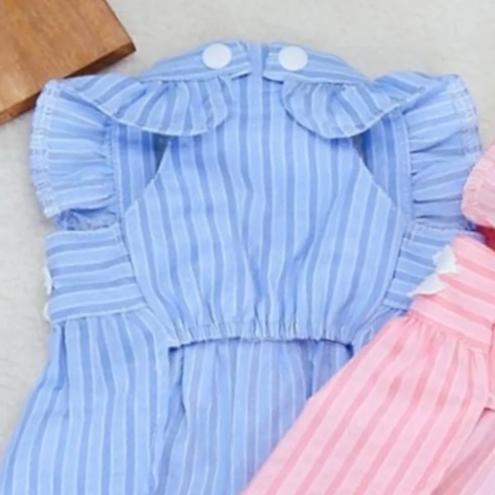 💞 New Blue Striped Size Medium Puppy Dog Dress with White Flowers & Ruffles